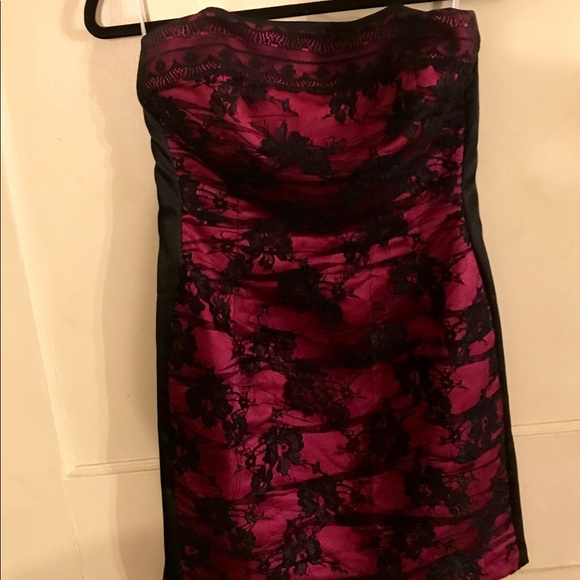 Fuchsia & Black Lace Formal Strapless Dress - Picture 2 of 5